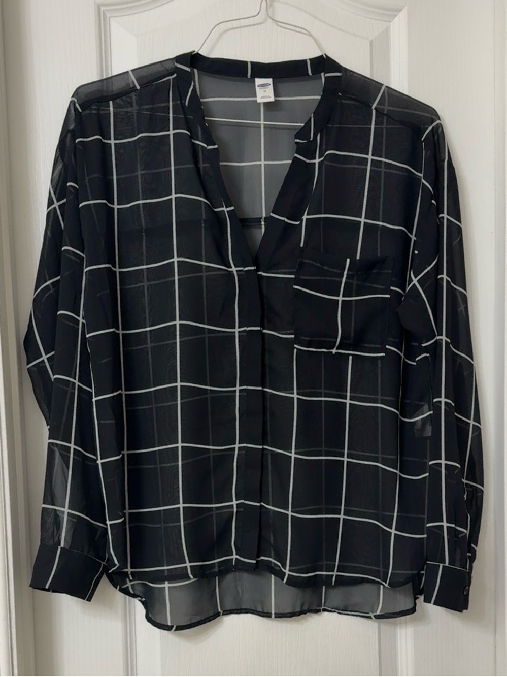 Old Navy sheer windowpane grid blouse button up black and white Size M